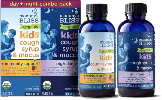 Mommys Bliss kids cough syrup day + night combo pack, 120+120ml
