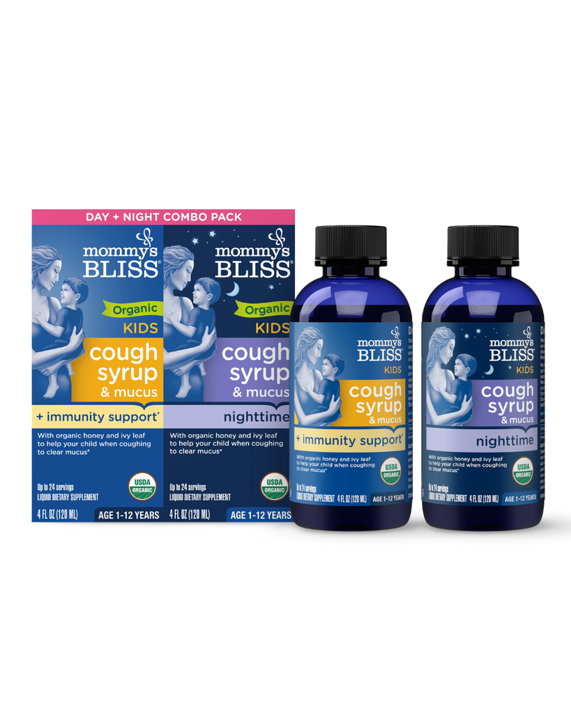 Mommys Bliss kids cough syrup day + night combo pack, 120+120ml