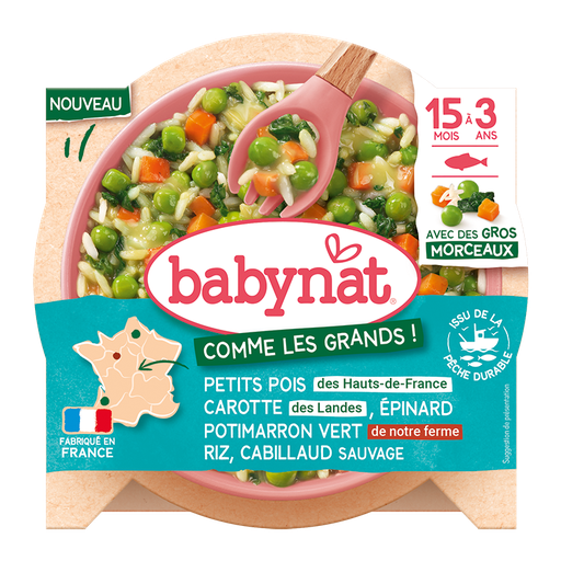 [57095] Babybio Peas Carrots Spinach Green Pumpkin Rice Cod Plate +15m